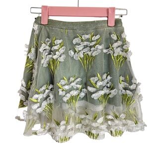 Handmade Floral Embroidered Skirt Green and White Girly Girl Small